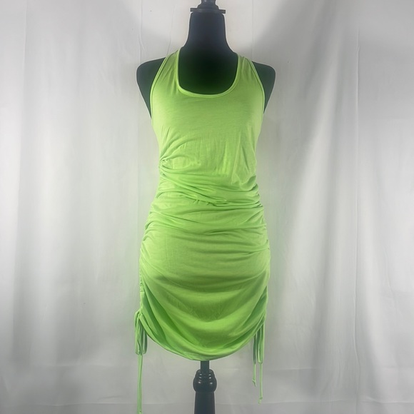 Green, lime Mini dress,Halter scoop neck,self tie ruched sides, Bodycon,Large - Picture 2 of 10